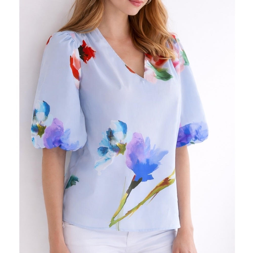 Finley NEW Tish Blue Sky Floral Puff Sleeve Blouse Artsy Cotton Top SZ Medium